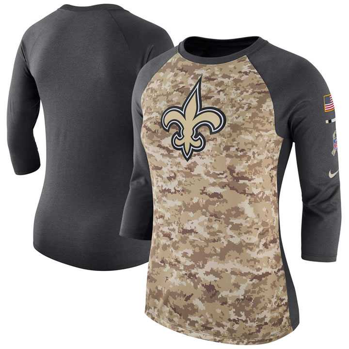 Women New Orleans Saints Nike Camo Charcoal Salute to Service Legend Three-Quarter Raglan Sleeve T-Shirt 90Hou